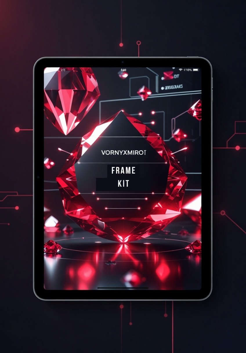 Tablet displaying a Vornyxmirot Frame Kit with red geometric design on a dark background