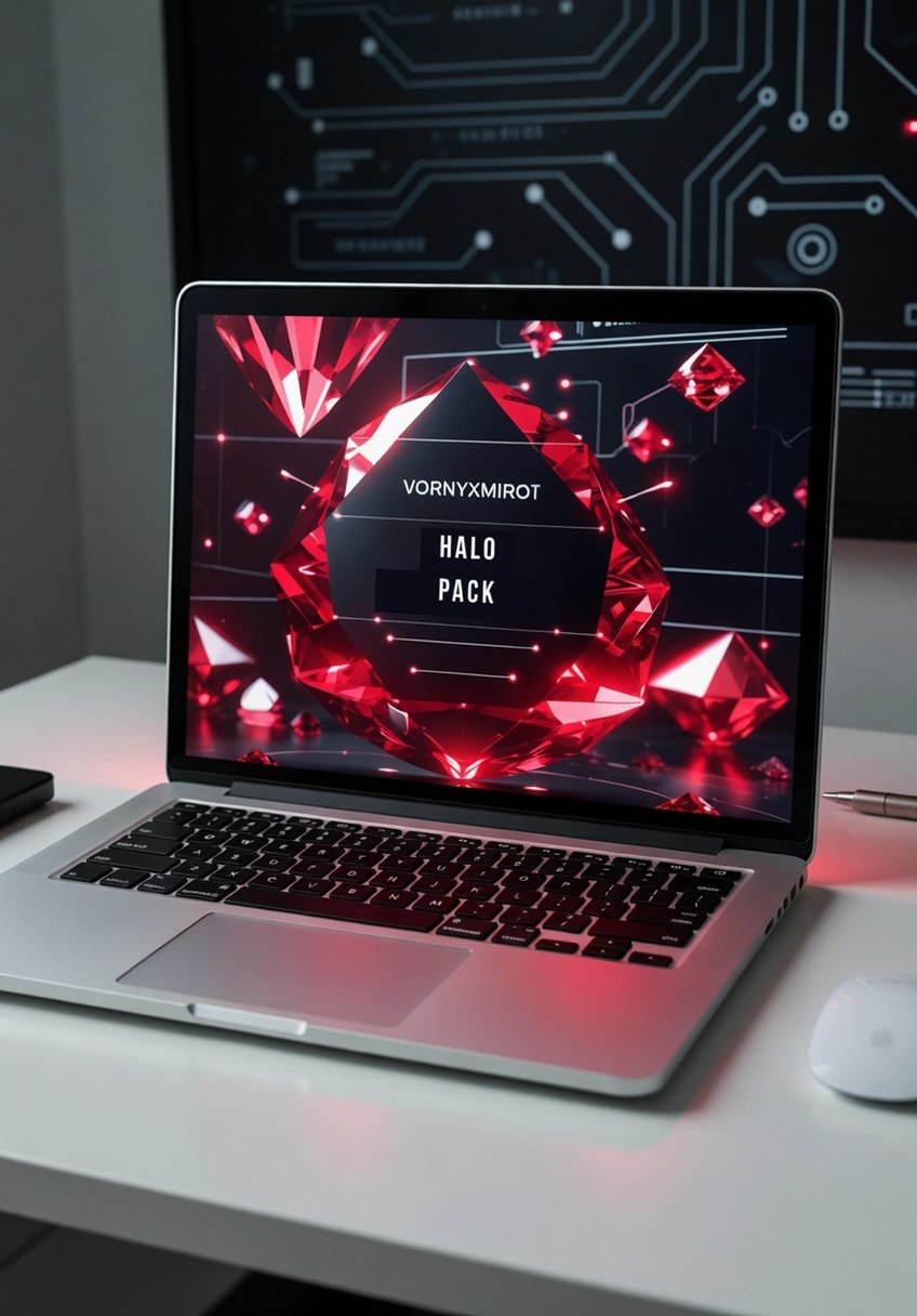 Laptop on a desk with a futuristic design on the screen