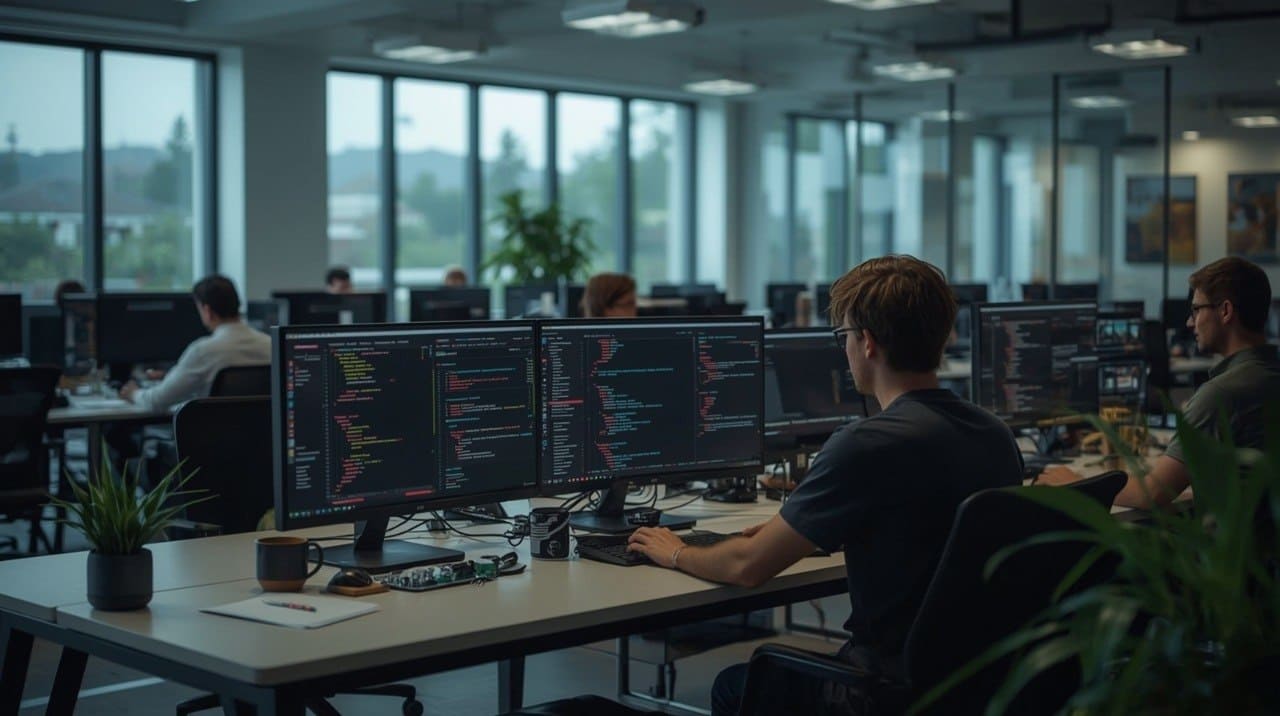 People working at desks with multiple computer monitors in a modern office setting.