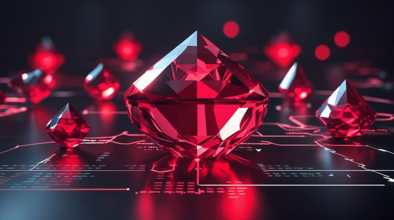Red crystal-like objects on a futuristic interface background
