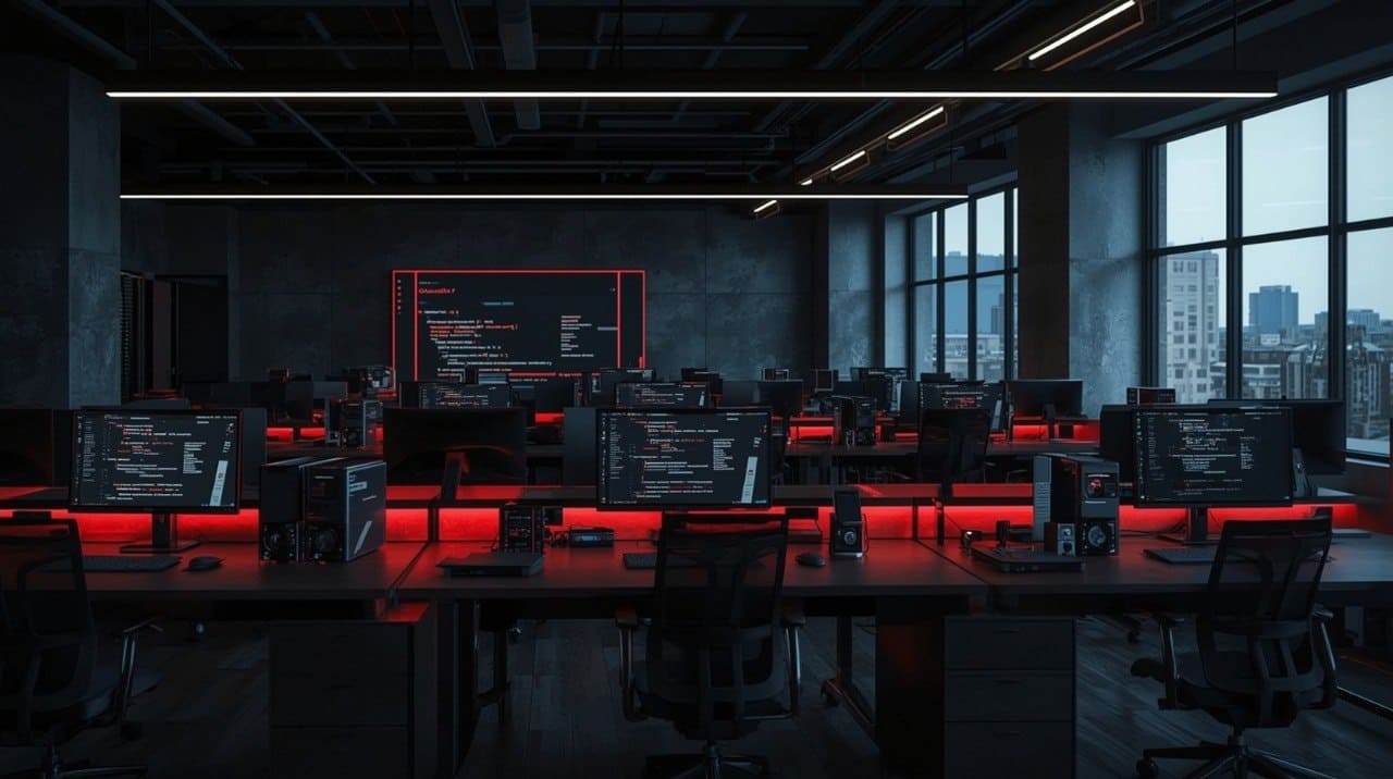 Modern office with dark interior, red accent lighting, and multiple computer monitors.