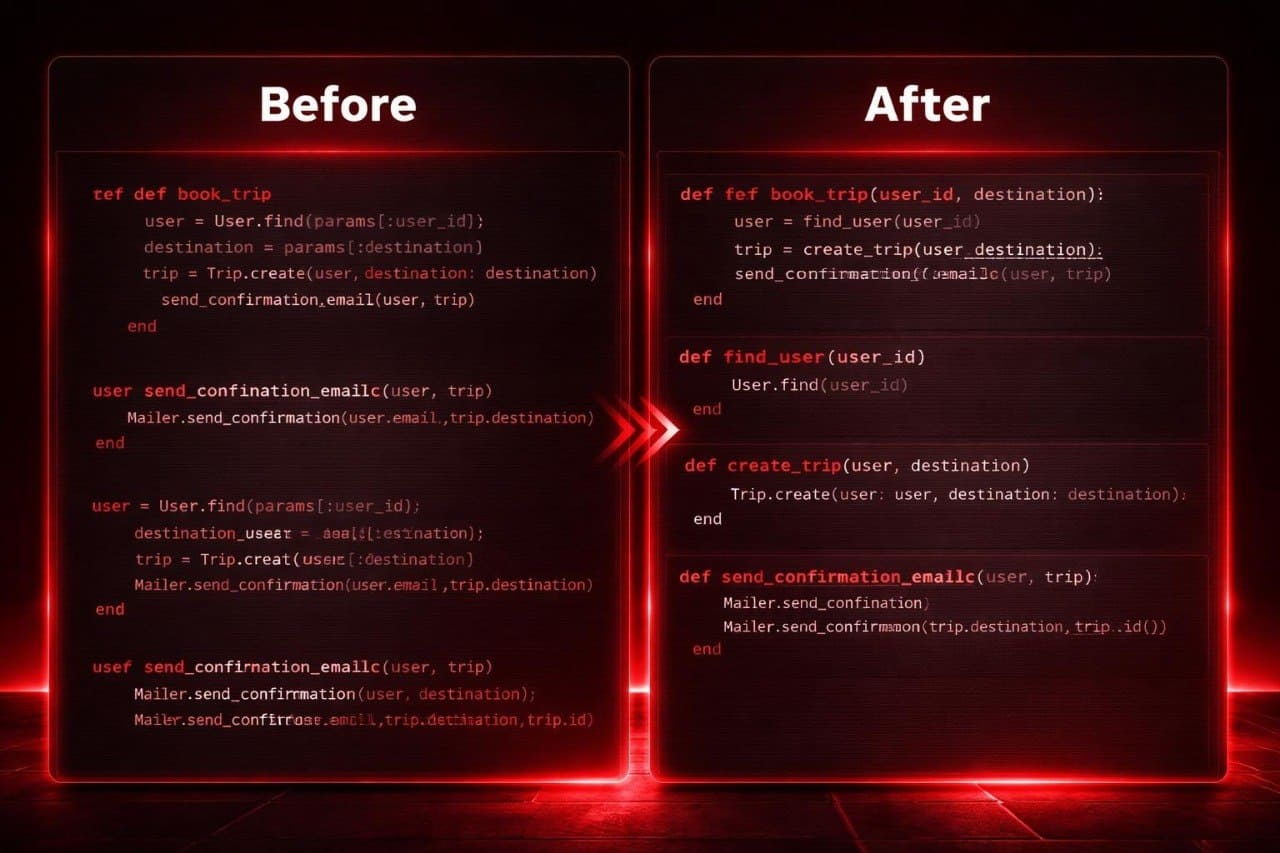 Comparison of code before and after refactoring with a red glow effect.