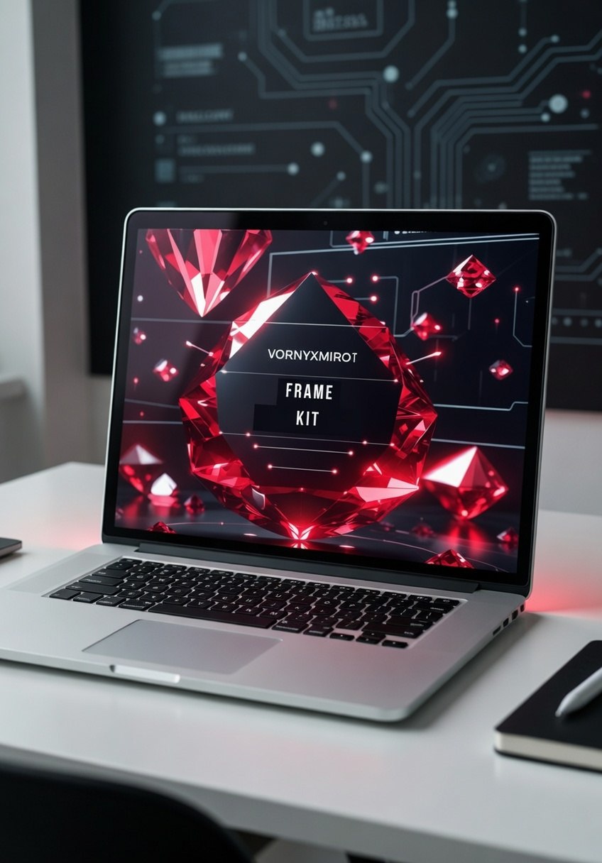 Laptop on a desk with a vibrant red and black screen displaying 'Vornyxmirot Frame Kit'.