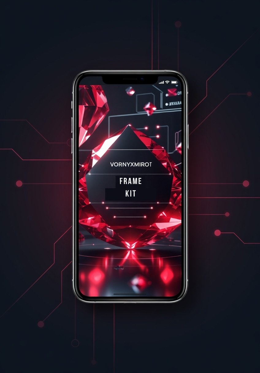Phone displaying a red geometric design with 'Vornyxmirot' branding on a dark background