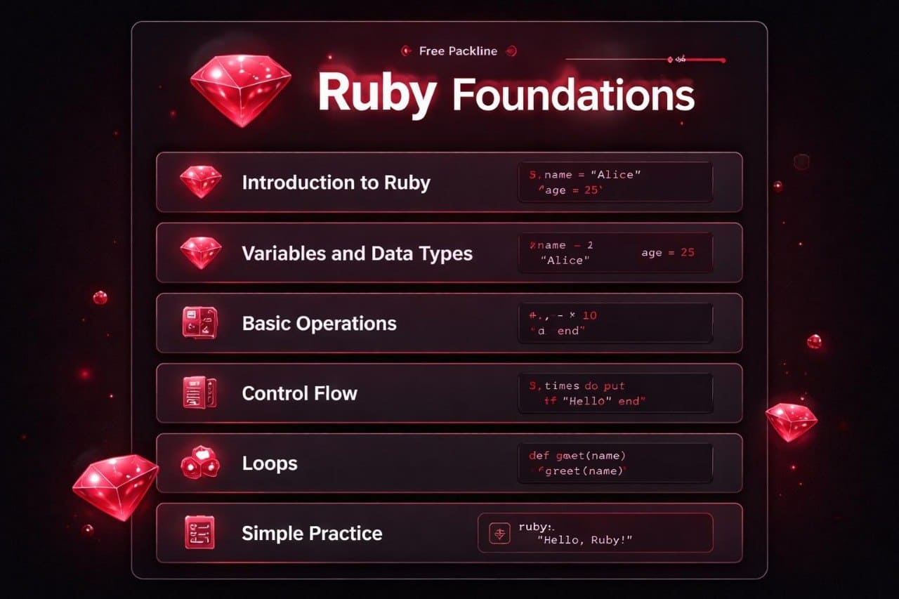 Ruby Foundations course outline with red gemstones on a dark background