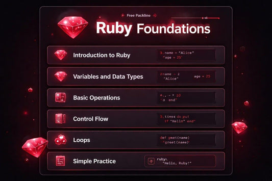 Ruby Foundations course outline with red gemstones on a dark background