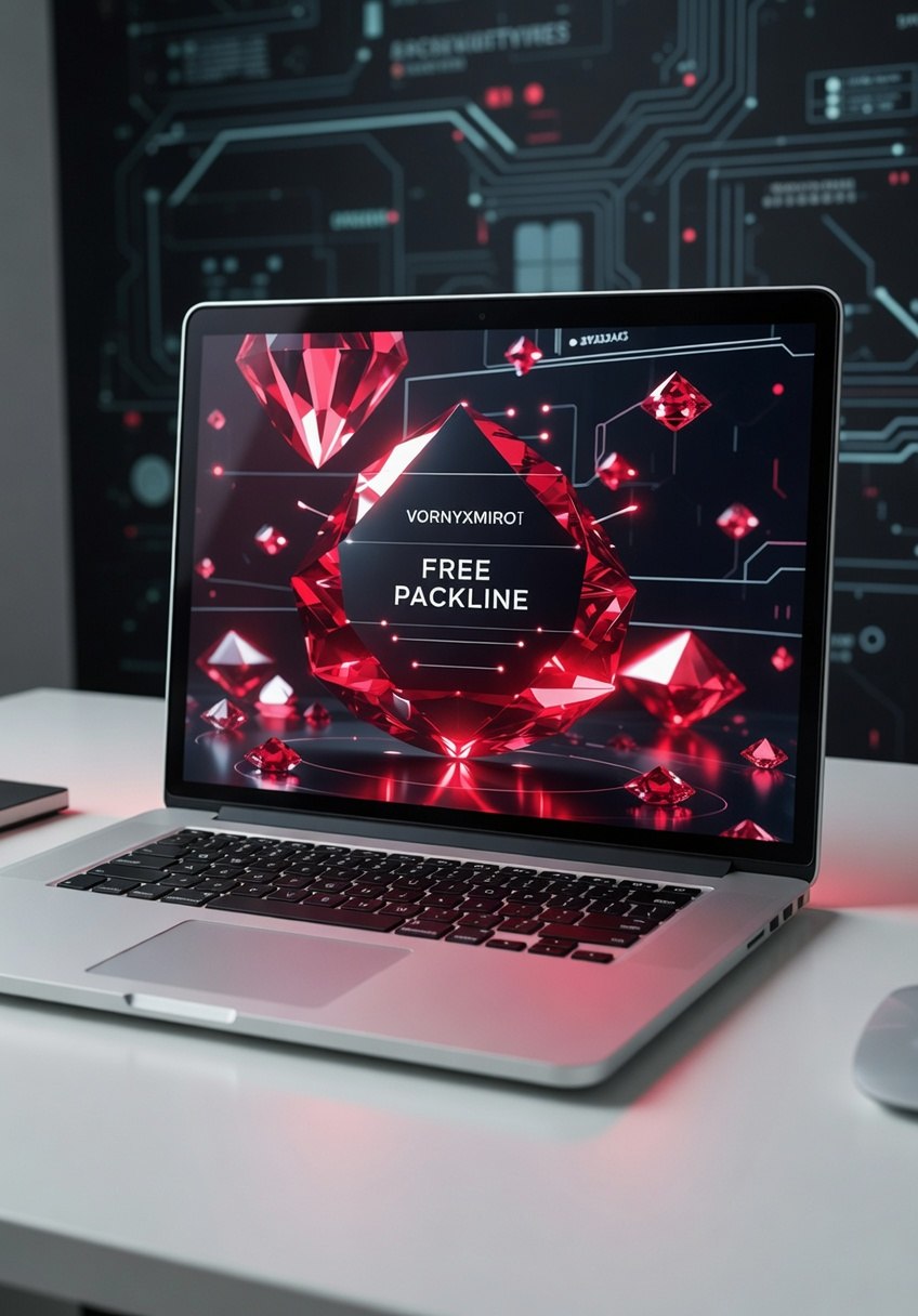 Laptop on a desk with a vibrant, abstract design on the screen