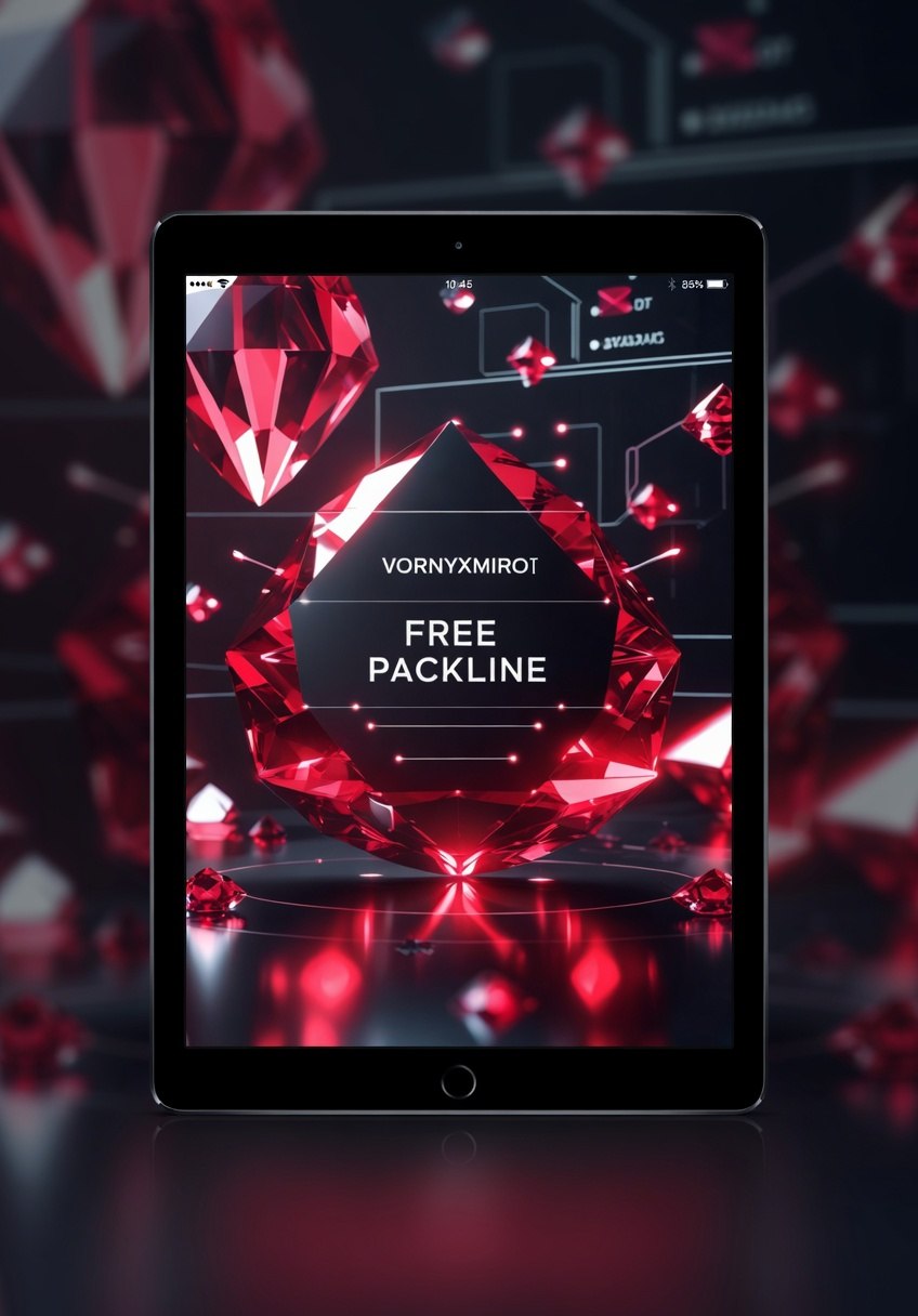 Tablet displaying a vibrant red gemstone design with 'Vornyxmirot' branding on a dark background.