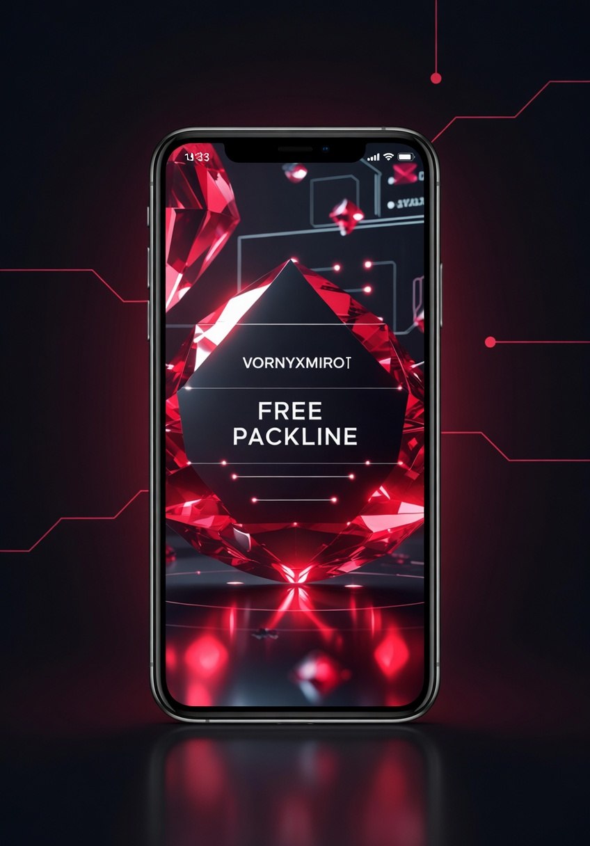 Smartphone displaying a vibrant red and black geometric design with 'Vornyxmirot' branding on a dark background.