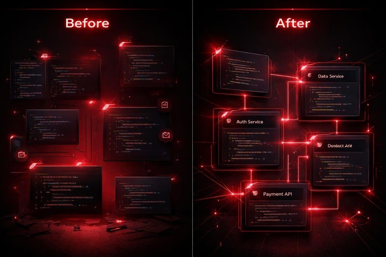 Before and after comparison of a network architecture diagram with red glowing elements.