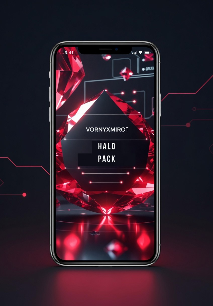 Phone displaying a vibrant, futuristic design with red and black colors on a dark background.