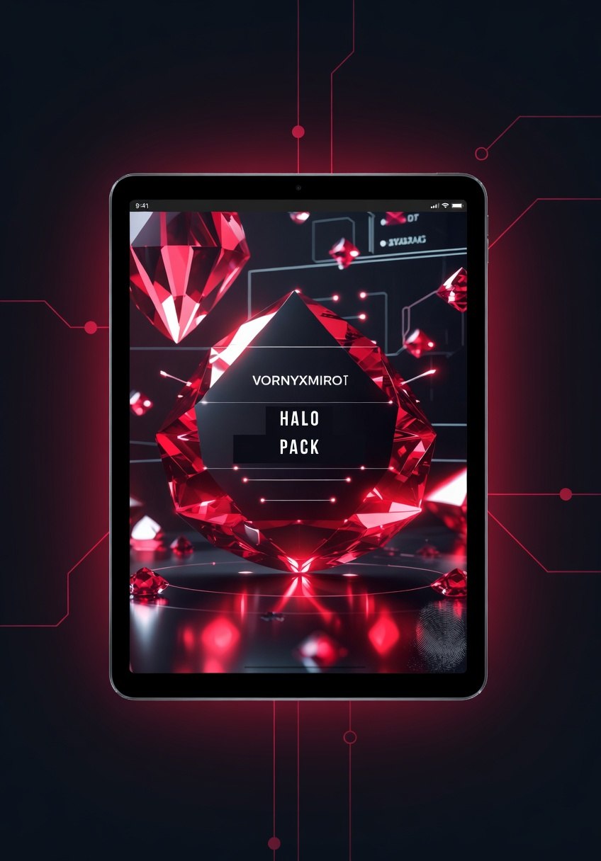 Tablet displaying a digital interface with red and black graphics on a dark background