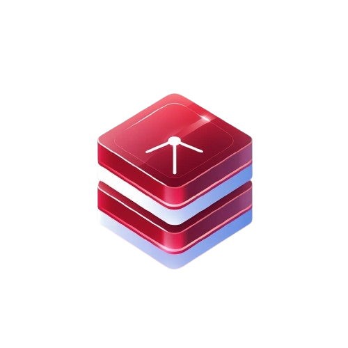 Red and blue stacked square icon with a central white symbol on a white background