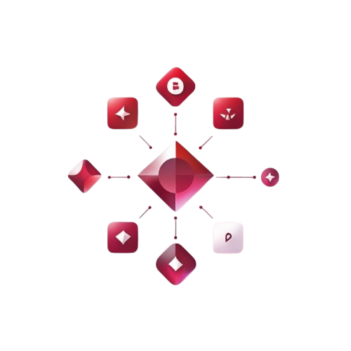 Red geometric shapes with various symbols on a white background