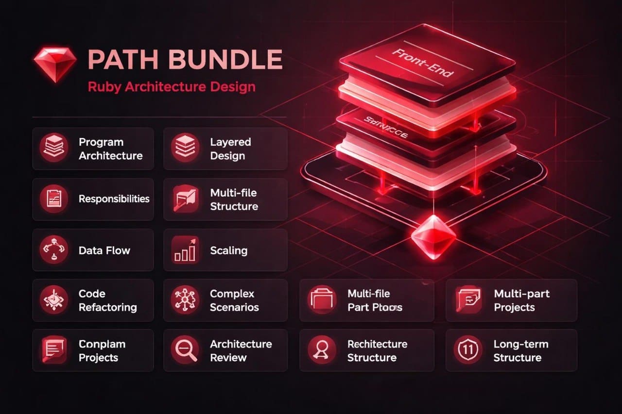 Ruby Architecture Design Path Bundle with layered architecture diagram on a dark background