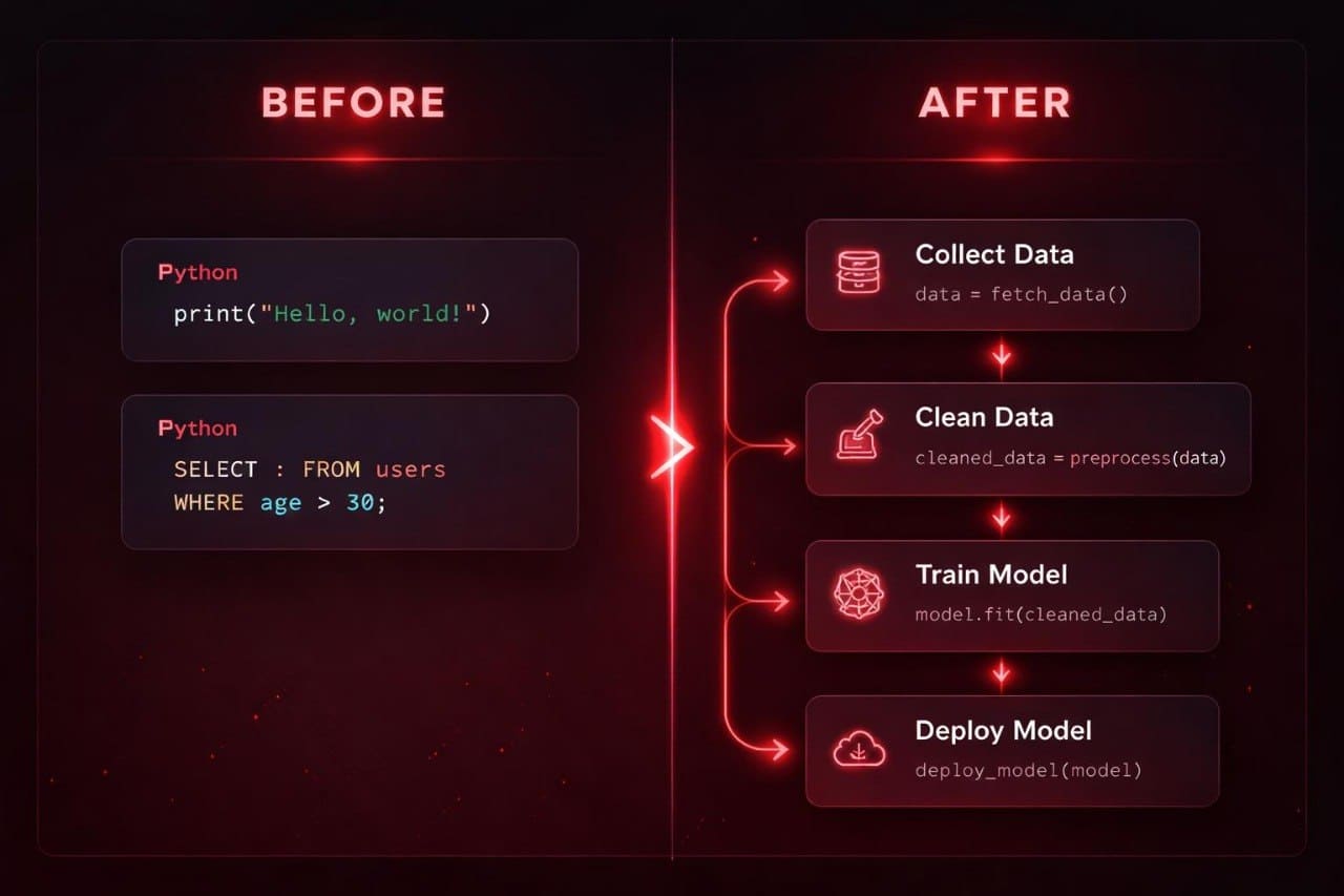Comparison of Python code snippets before and after a machine learning pipeline is applied.