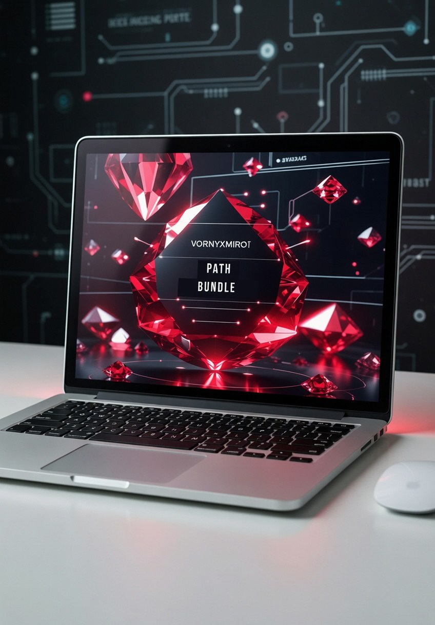 Laptop on a desk with a vibrant, abstract design on the screen against a dark background.