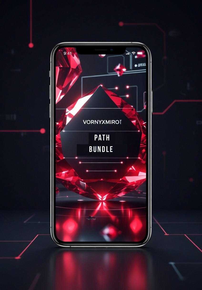Phone displaying a digital art design with geometric shapes and text on a dark background