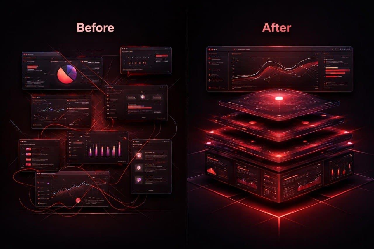 Comparison of futuristic interface design 'Before' and 'After' on a dark background.