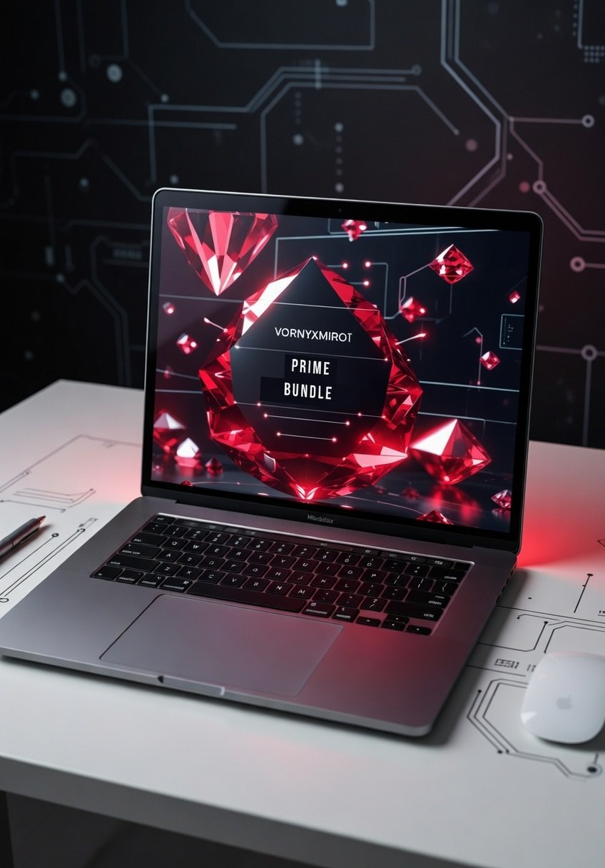 Laptop on a desk with a vibrant display against a dark background