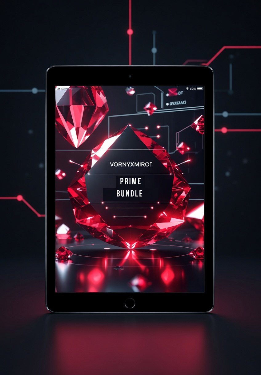 Tablet displaying a digital product bundle with red gemstone graphics on a dark background