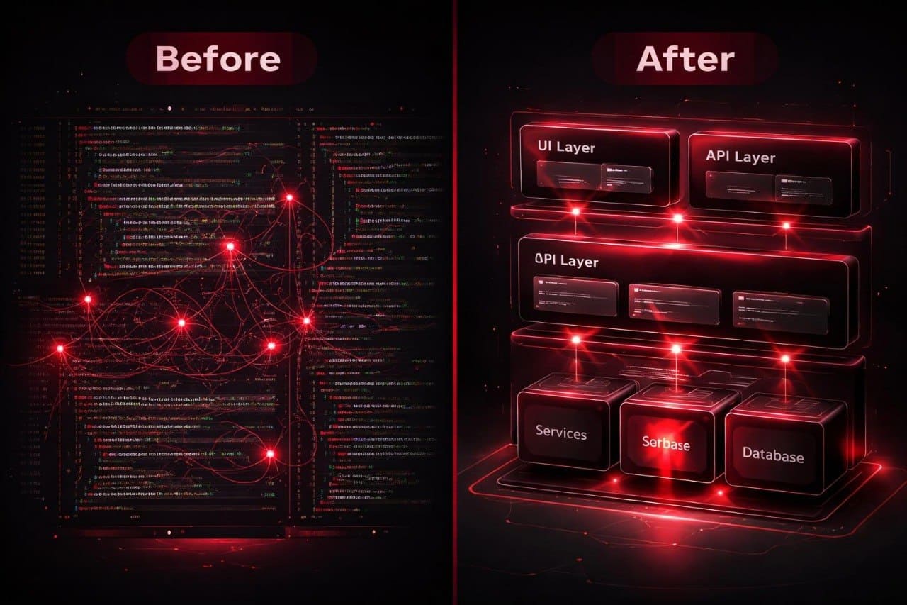 Comparison of code structure 'Before' and 'After' with highlighted layers on a dark background.