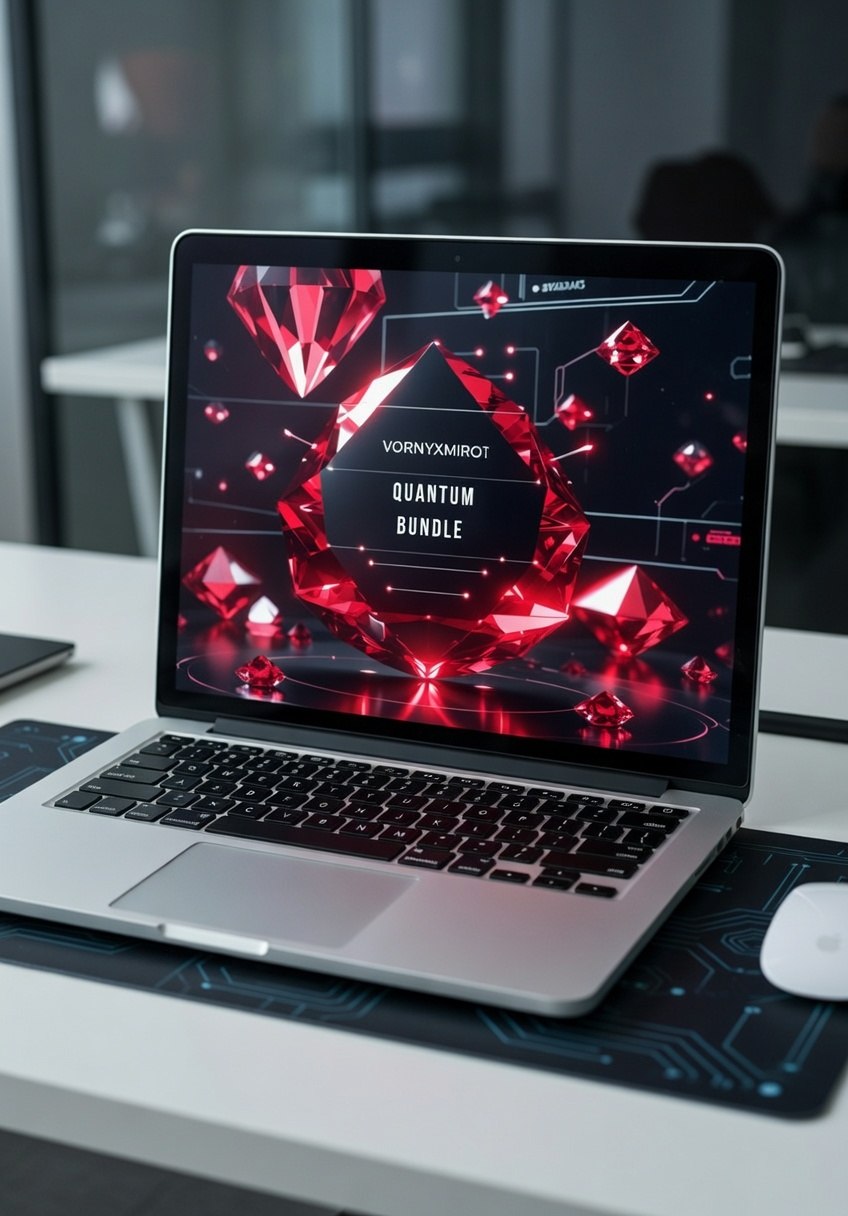 Laptop on a desk with a vibrant screen displaying graphics, surrounded by office elements.