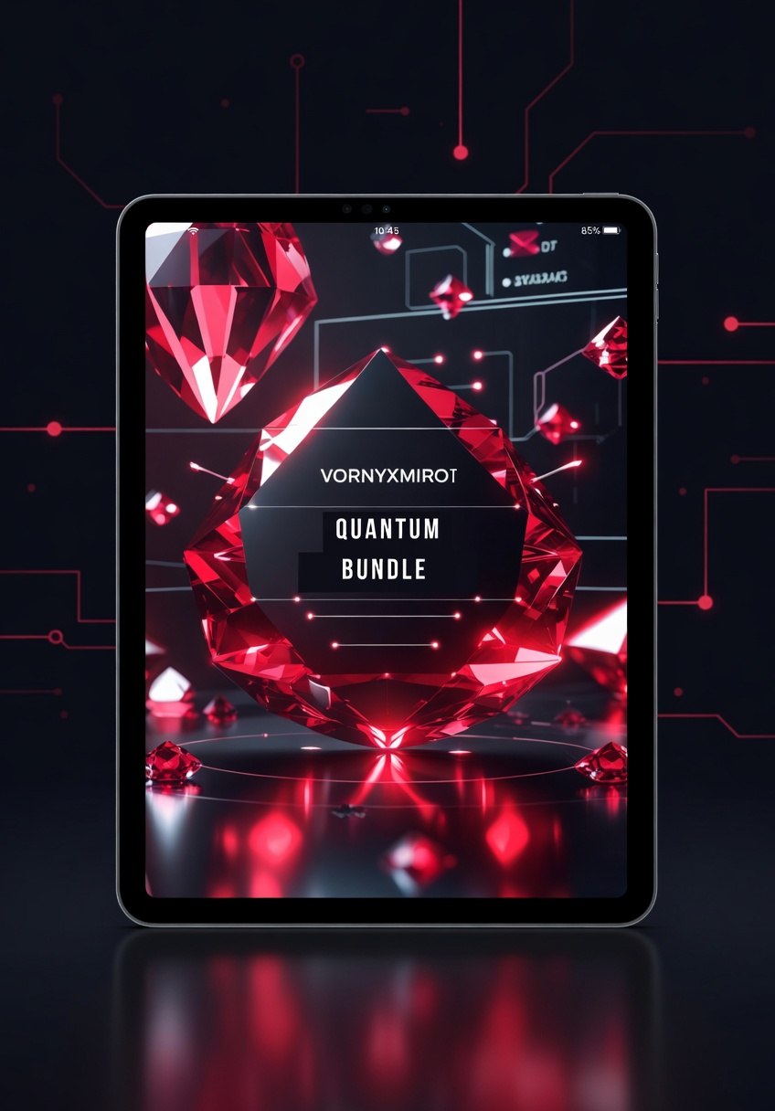 Tablet displaying a digital product bundle with red geometric designs on a dark background