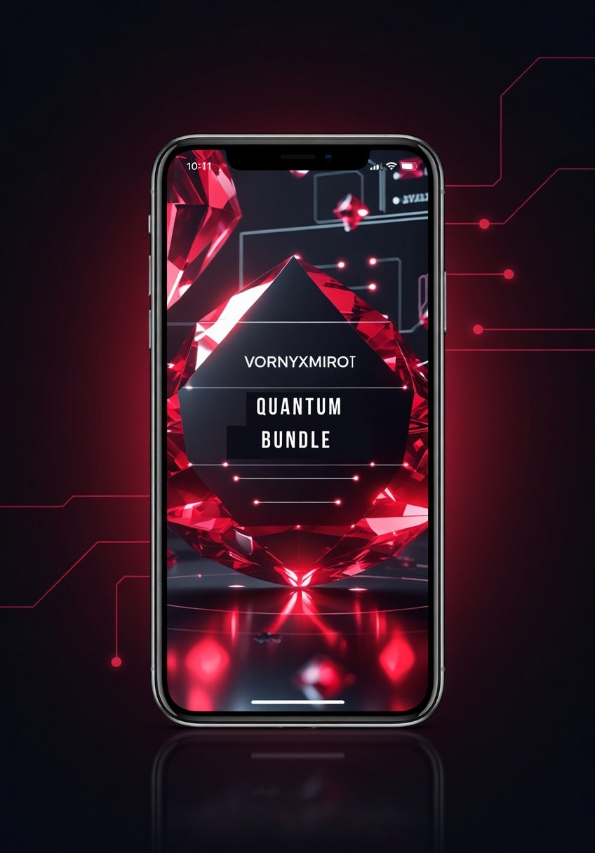 Smartphone displaying a digital interface with 'Vornyxmirot Quantum Bundle' on a dark background