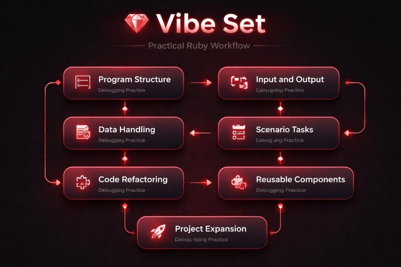 Vibe Set Practical Ruby Workflow diagram with glowing text on a dark background