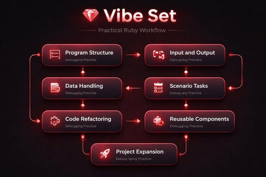 Vibe Set Practical Ruby Workflow diagram with glowing text on a dark background