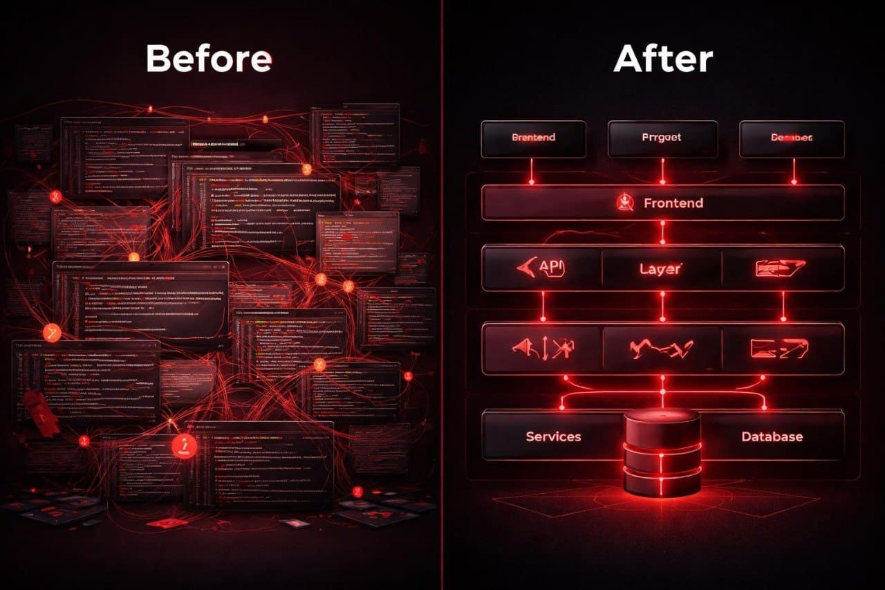 Comparison of a complex system diagram labeled 'Before' and a simplified diagram labeled 'After' with red glowing elements.