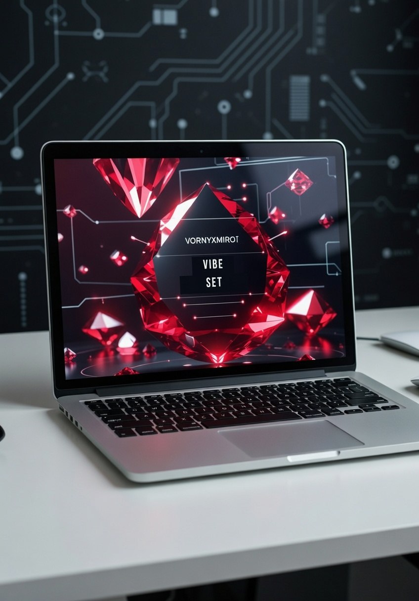 Laptop on a desk with a vibrant display against a dark background