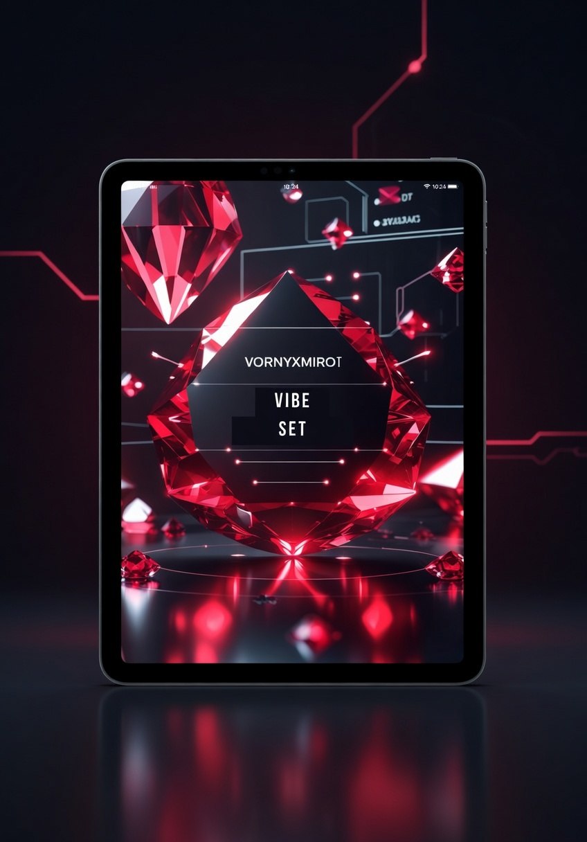 Tablet displaying a vibrant red and black graphic with 'VORNYXMIROI' branding on a dark background.